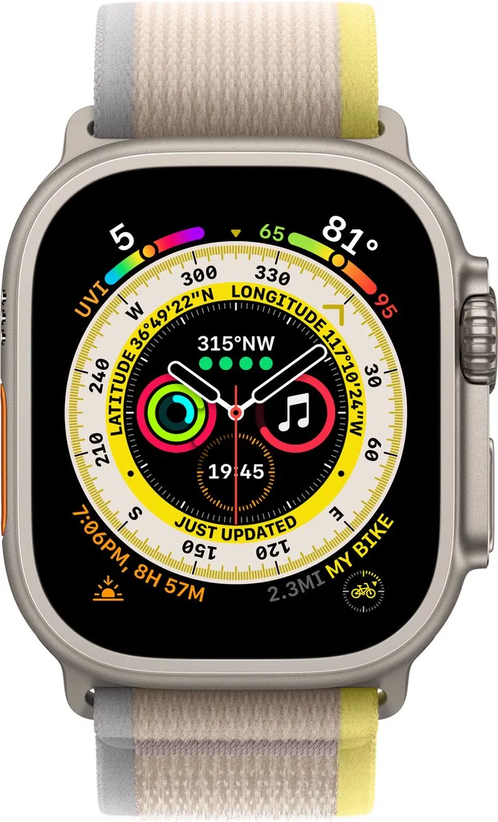 Watch Ultra - 4G/LTE - 49mm - Titanium kast - Geel/Beige Trail bandje - M/L från Apple i Gul, Beige M, L – produktbild