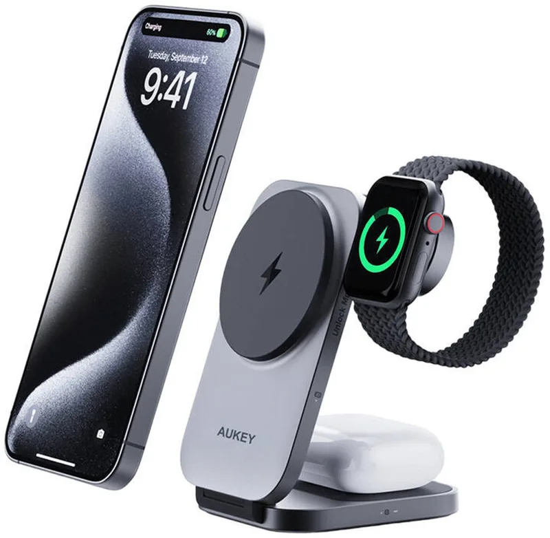 Aukey 3-in-1 Draadloze Oplader-LC-MC312-15W Qi Oplaadstation - Geschikt voor MagSafe, Apple Watch -Smartphone & Oortjes by AUKEY in Transparent – product photo