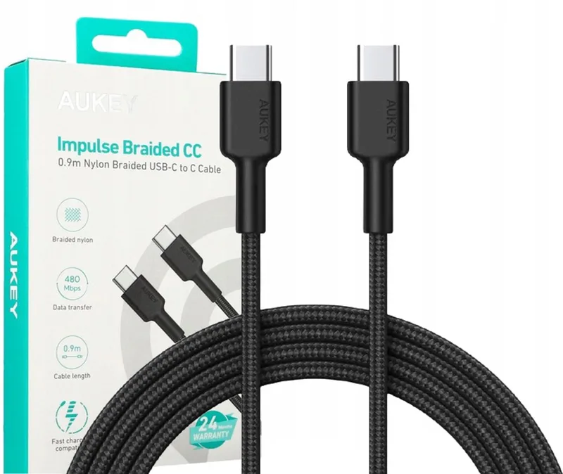 USB-C naar USB-C Kabel, PD 60W, 3A, 0.9m, Nylon Gevlochten fra AUKEY i Sort – produktbillede