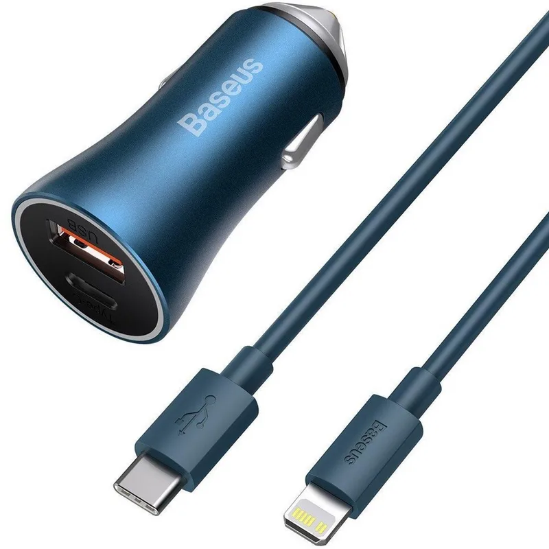 2 in 1 Pro Autolader Inc. Kabel Geschikt voor Apple iPhone - 40W - Snellader - Car Fast/Quick Charger van Baseus in Blauw – productfoto