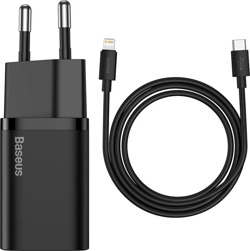 20W USB C Oplader met USB C naar Lightning Kabel - Snellader / Fast Charger - iPhone Oplader von Baseus in Schwarz – Produktfoto