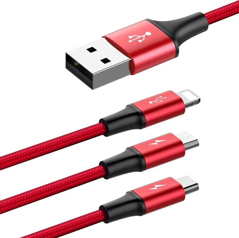 3 in 1 Oplaadkabel - USB 3.0 naar Lightning/ USB-C/ Micro USB - 120cm - 1 stuk de Baseus en Rouge – photo produit