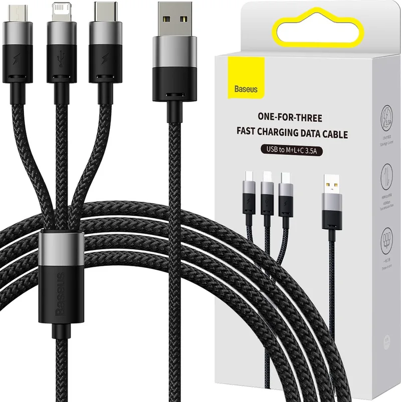 3in1 - USB - micro USB / Lightning / USB C kabel 3,5A 1,2m Baseus StarSpeed von Baseus in Schwarz – Produktfoto