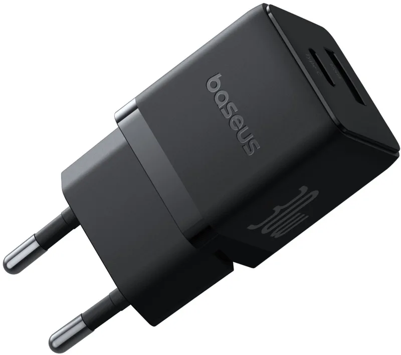 Baseus 30W USB-C Adapter - USB-C oplader & USB-A Poort - Snellader - oplader Geschikt voor iPhone, Samsung en Meer van Baseus in Zwart – productfoto