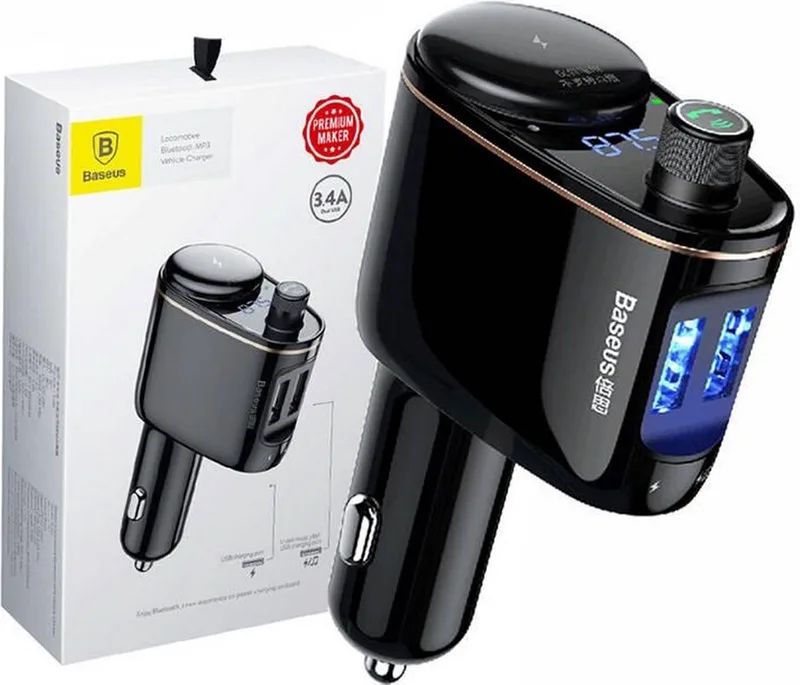 Bluetooth Muziek FM Transmitter Autolader 2x USB 3.4A de Baseus en Noir – photo produit