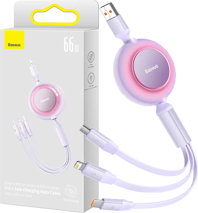 Bright - Mirror - 2 - intrekbare - kabel - 3in1 - kabel - USB - Type - A - micro - USB - Lightning - USB - Type - C - 66W - 1,1m - (CAMJ010105) de Baseus en Violet – photo produit