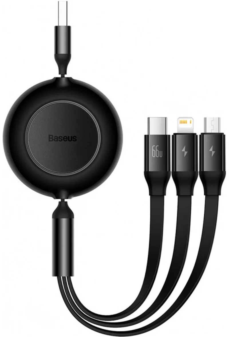 Bright Mirror 2 Series 3-in-1 oprolbare snellaadkabel - USB-A naar USB-C / geschikt voor Lightning / Micro USB - 66 Watt de Baseus en Noir – photo produit