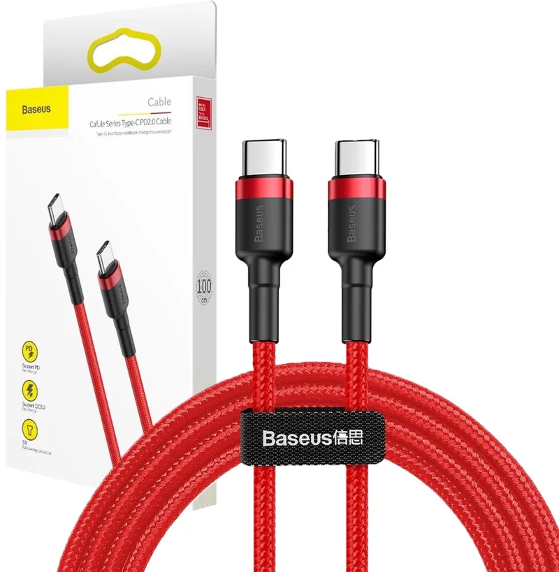 Cafule - Kabel Duurzame Nylon Kabel USB-C PD / USB-C PD PD2.0 60W 20V 3A QC3.0 1M - (CATKLF-G09) by Baseus in Red – product photo