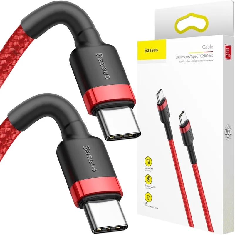 Cafule - Kabel Duurzame Nylon Kabel USB-C PD / USB-C PD PD2.0 60W 20V 3A QC3.0 2M Rood - (CATKLF-H09) by Baseus in Black, Red – product photo