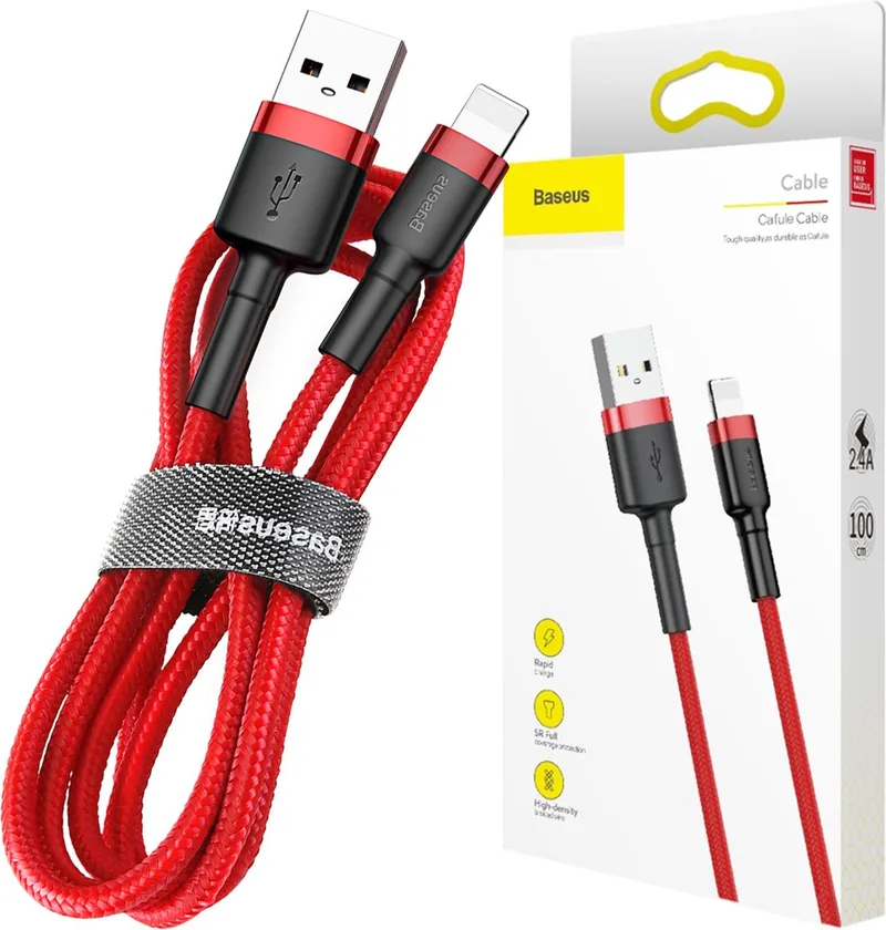 Cafule - Kabel Duurzame Nylon Kabel USB / Lightning QC3.0 2A 3M - (CALKLF-R09) van Baseus in Rood – productfoto