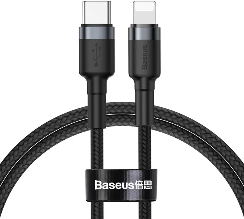 Cafule - Kabel duurzame nylon kabel USB Type C PD / Lightning 18W QC3.0 1m zwart-grijs - (CATLKLF-G1) by Baseus in Black – product photo