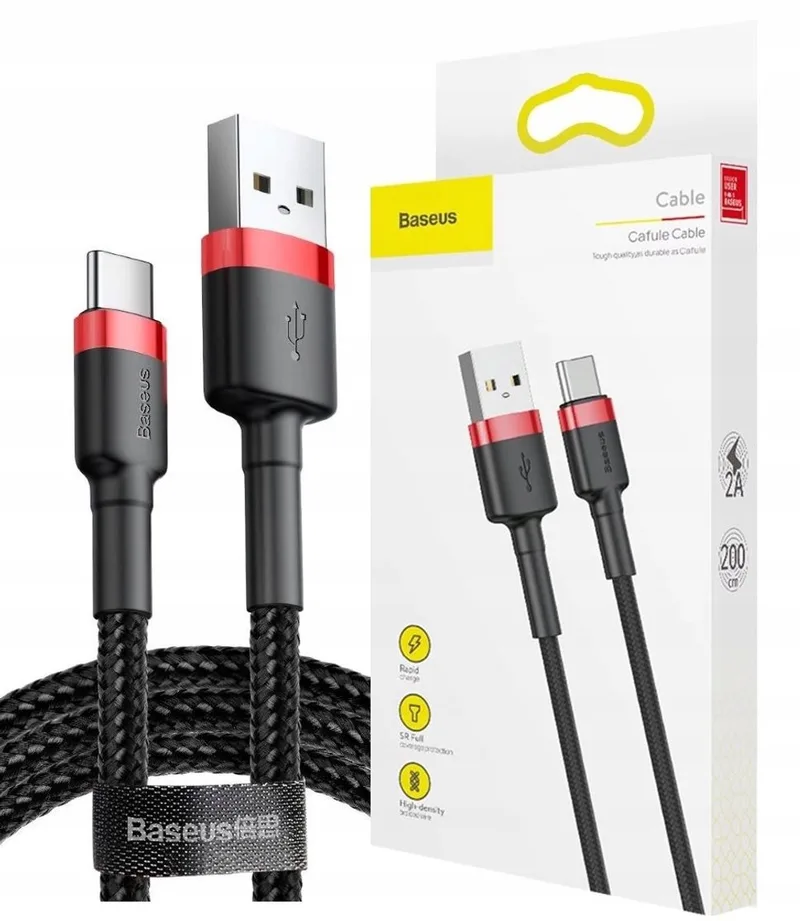 Cafule - Kabel Duurzame Nylon Kabel USB / USB-C QC3.0 2A 2M Zwart-Rood - (CATKLF-C91) by Baseus in Black – product photo
