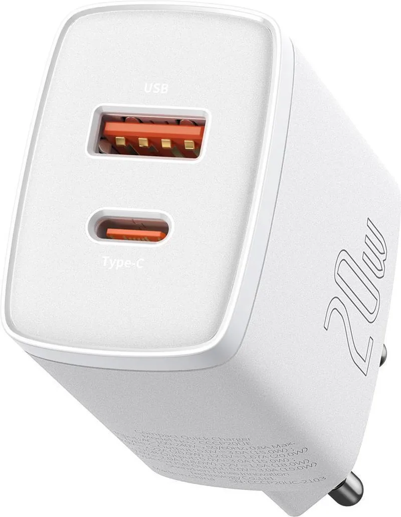 Compact 2 in 1 Oplader | USB C en USB A Lader | 20W de Baseus en Blanc – photo produit