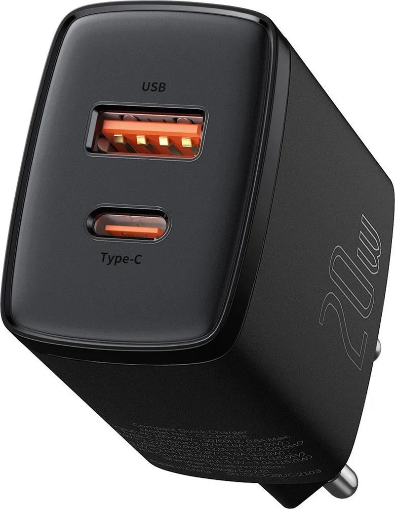 Compact 2 in 1 Oplader | USB C en USB A Lader | 20W by Baseus in Black – product photo