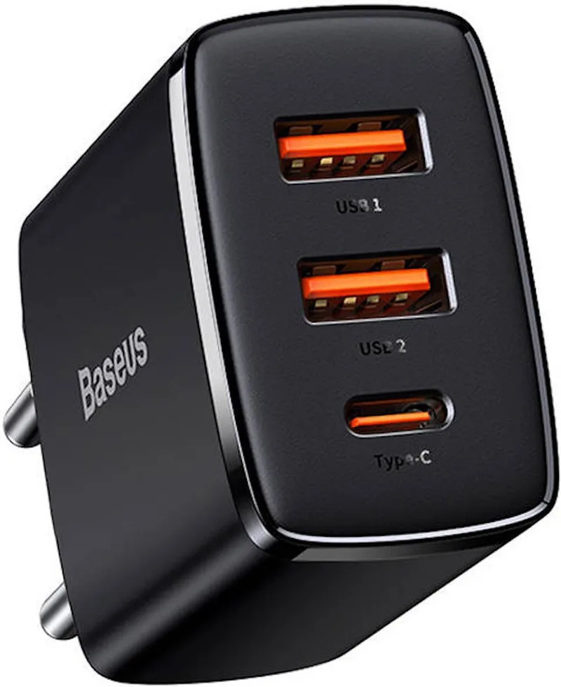 Compact Oplader met 2 USB A en 1 USB C aansluiting 30W - PD3.0 Power Delivery - QC3.0 Qualcomm Quick Charge van Baseus in Zwart – productfoto