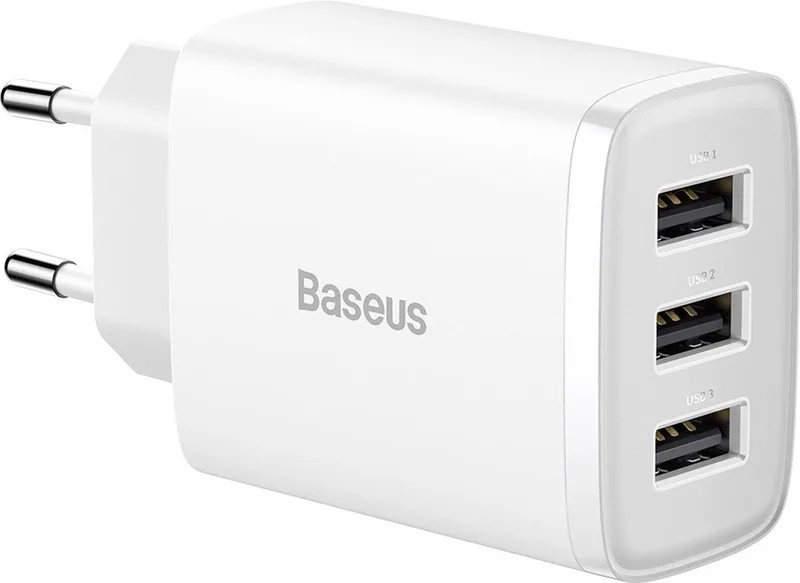 Compacte Oplader met 3 USB-A Poorten 17 W Voedingsadapter EU Stekker by Baseus in White – product photo