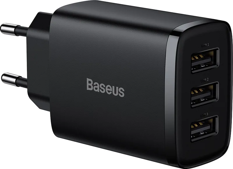 Compacte USB oplader - Met 3 USB poorten - Geschikt voor USB Aansluiting - 17W van Baseus in Zwart – productfoto