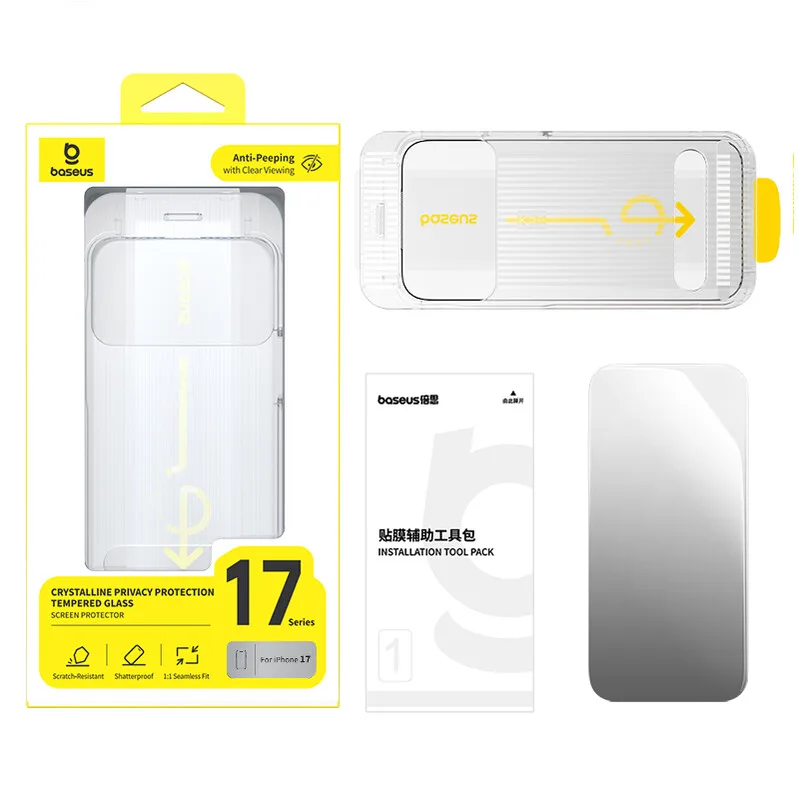 Crystalline HD Protection d'écran en verre trempé pour iPhone 17/16 Pro avec plateau d'installation anti-poussière transparent lot de 2 (comprend 2 kits de nettoyage) de Baseus – photo produit