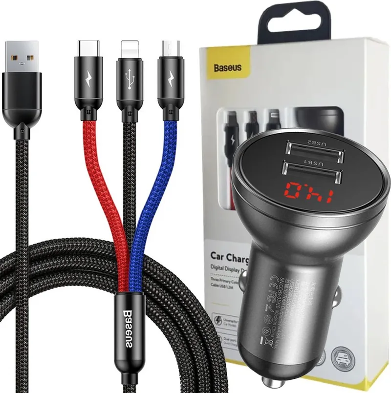 Digital Display Autolader - Dual USB - 3-in-1 Kabel van 1.2 meter de Baseus en Noir – photo produit