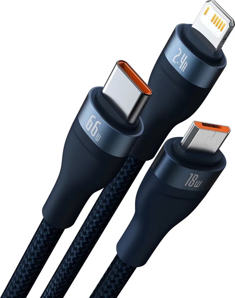 Flash - Series 3-in-1 kabel voor snel opladen USB-A naar USB-C / Micro-USB / Lightning 66W 480Mb/s 1,2m by Baseus in Blue – product photo