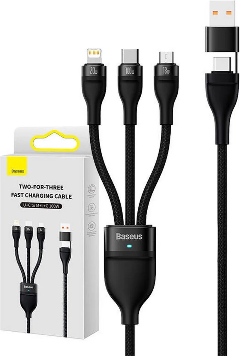 Flash - Series-kabel USB Type C / USB Type A - USB Type C / Lightning / micro-USB - 100 - W - 1,2 - m - (CASS030101) by Baseus in Black – product photo
