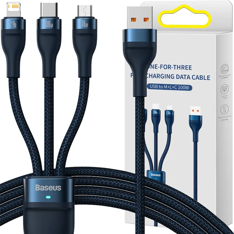 Flash - Series-kabel USB - USB Type C / Lightning / micro-USB - 100 - W - 1,2 - m - (CASS030003) by Baseus in Blue – product photo