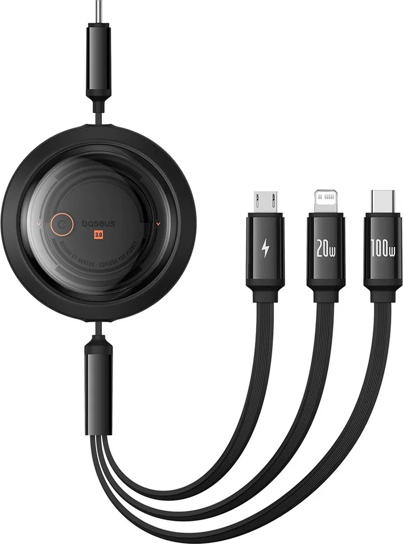 Free2Draw CB000084 intrekbare USB-C - Lightning / USB-C / micro-USB-kabel 100W 1,1m van Baseus in Zwart – productfoto