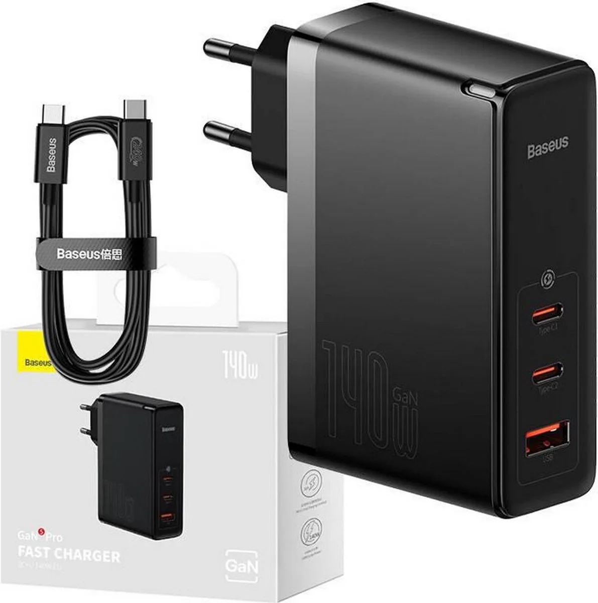 GaN5 Pro Wall Charger 140W met USB C kabel - Programmable Power Supply PPS + Power Delivery PD3.1 + QuickCharge QC4.0 de Baseus en Noir – photo produit