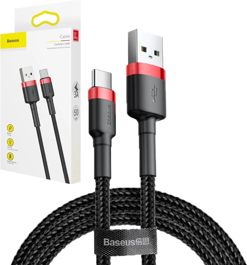 Geweven Nylon USB naar USB-C Fast Charge Kabel 0.5M de Baseus en Gris – photo produit
