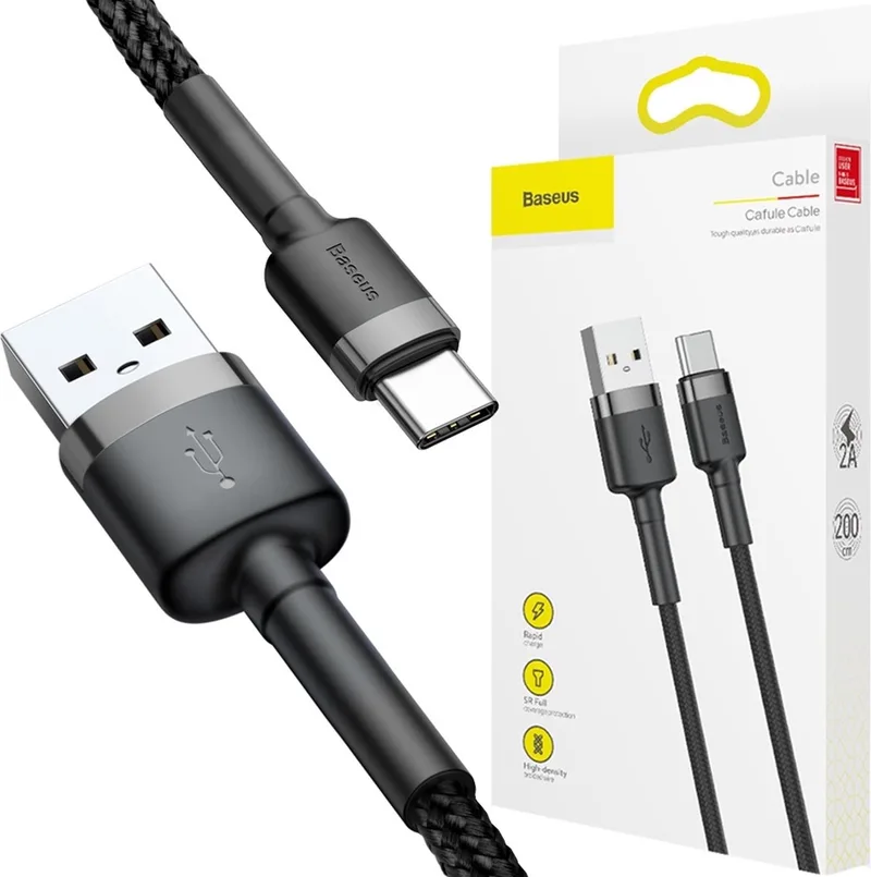 Geweven Nylon USB naar USB-C Snellaadkabel 2M Grijs by Baseus in Black, Grey – product photo