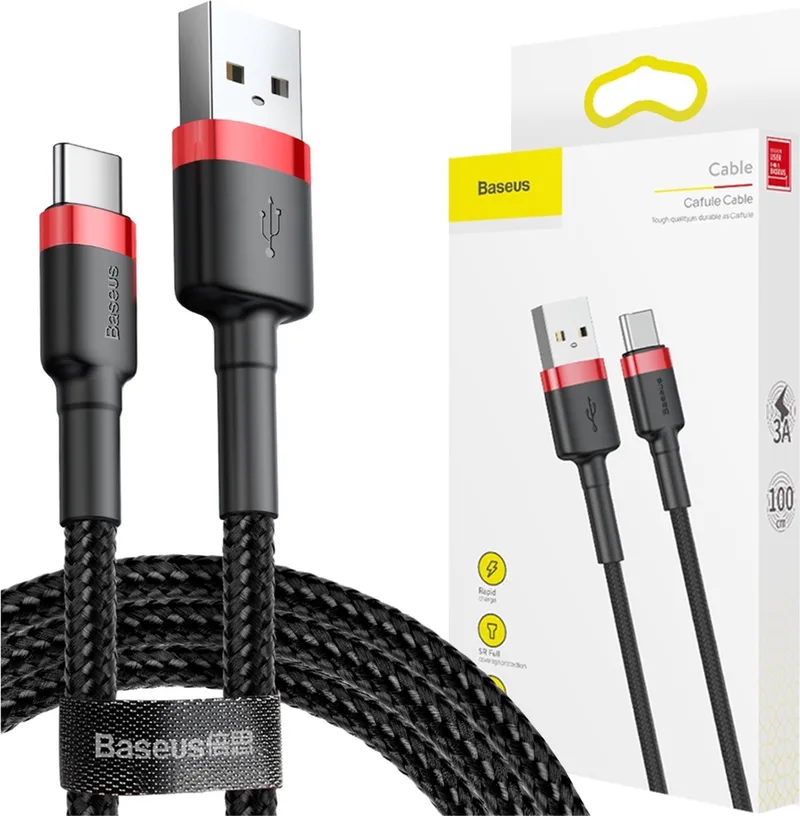 Gewoven USB-C Fast Charge Kabel 1 Meter Rood fra Baseus i Sort – produktbillede