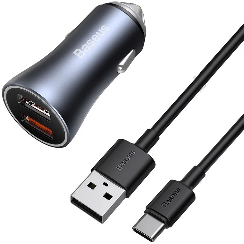Golden - Contactor Pro snelle autolader 2x USB - 40 - W - Quick - Charge - SCP - FCP - AFC - USB - USB - Type - C - kabel - (TZCCJD-A0G) by Baseus in Grey – product photo