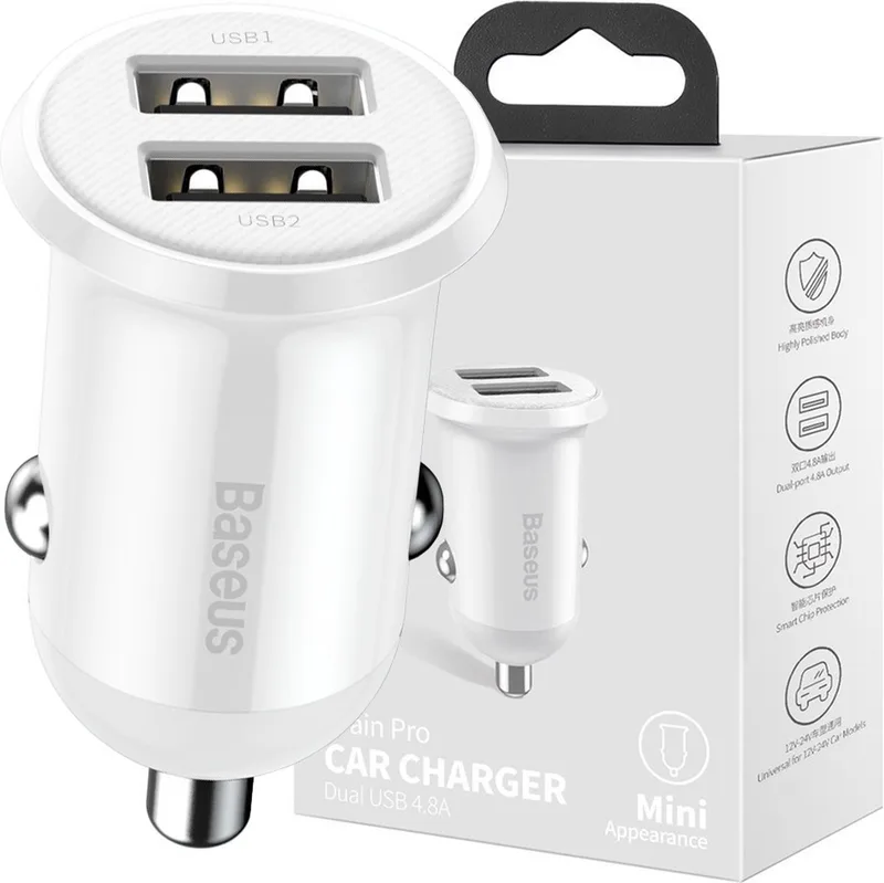 Grain Pro Autolader 2x USB 4.8A de Baseus en Blanc – photo produit