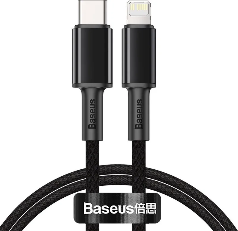 High Density USB C Kabel naar Apple Lightning 1 meter - 20W - Fast Charge - gewoven - velcro bandje - geschikt voor iPhone by Baseus in Black – product photo