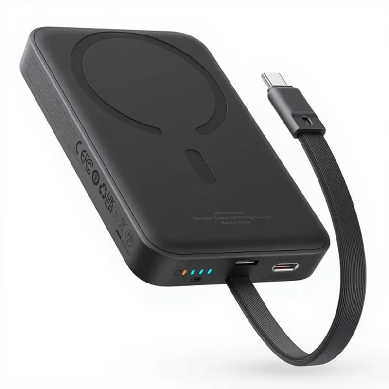 Magnetische Mini-Powerbank 10,000 mAh, kabelloses Schnellladen, 30 W, mit integriertem USB-C-Kabel, schwarz de Baseus – photo produit