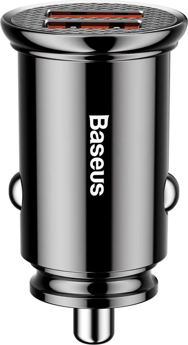 Mini Dubbele USB Autolader QC 3.0 30W Snellader van Baseus in Zwart – productfoto