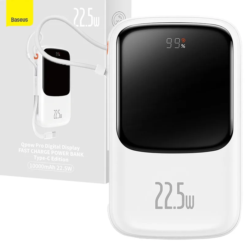 Qpow - Digital Display powerbank met snelladen 10000mAh 20W QC/PD/SCP/FCP met ingebouwde Lightning-kabel von Baseus in Weiß – Produktfoto