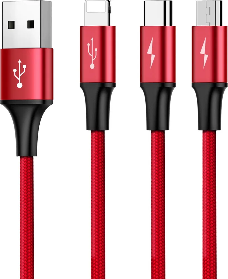 Rapid 3 in 1 Kabel - Lightning / USB-C / Micro USB - 120cm fra Baseus i Rød – produktbillede