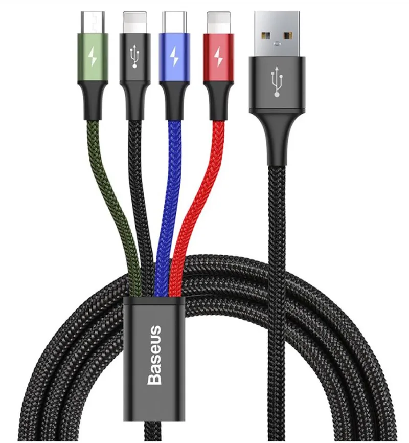 Rapid Series 4 in 1 Oplaad Kabel - 2x Lightning 1x USB-C 1x Micro-USB by Baseus in Black, Blue, Green, Red – product photo