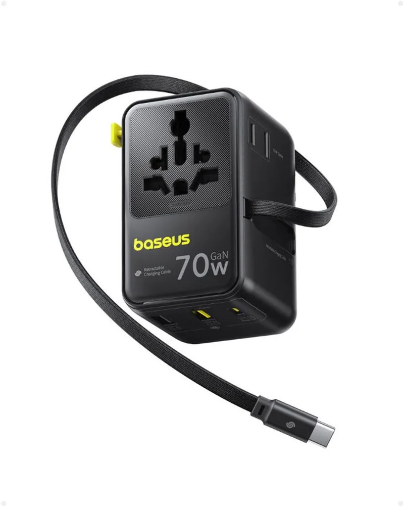 Reis Oplader 70W - Wereldstekker EU/KR, VK, USA/JP, AUS/CN - Power Delivery Snellader - Ingebouwde USB-C kabel - 1x USB-C, 2x USB-A, 2x AC från Baseus i Svart – produktbild