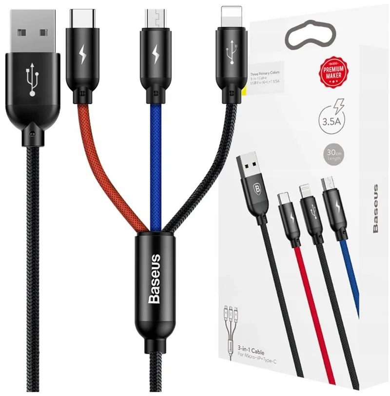 Three Primary Colors - Oplaadkabel - 3-in-1 USB naar USB-C, Lightning & Micro-USB - 3.5A - 0,3 Meter by Baseus in Black – product photo