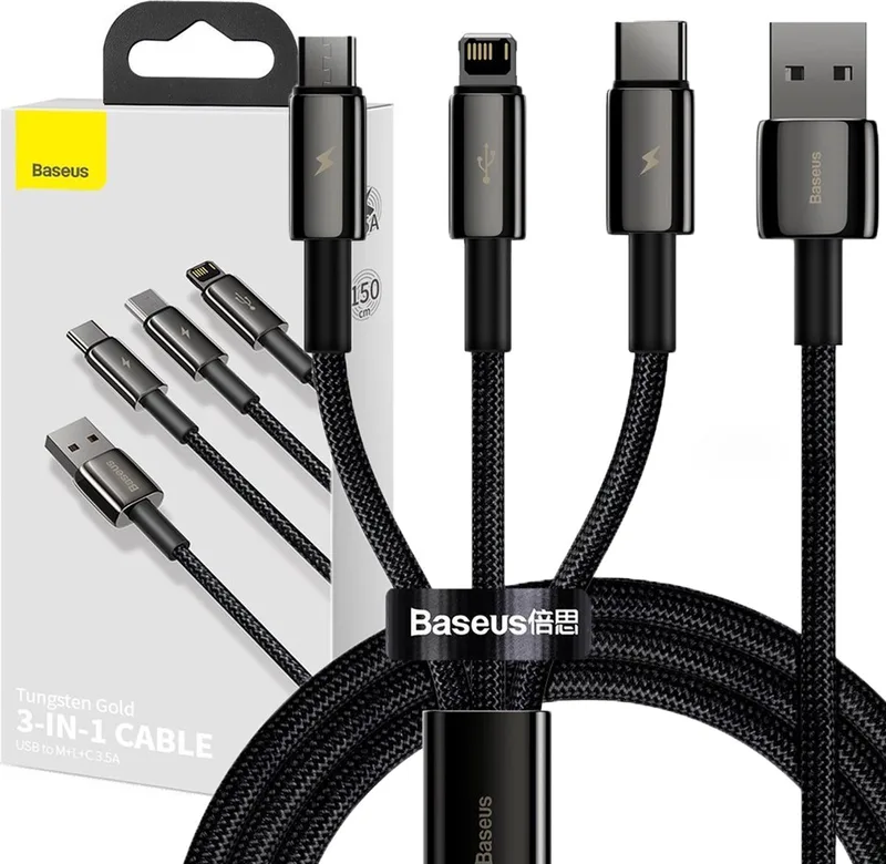 Tungsten Gold 3 in 1 Kabel - Lightning / USB-C / Micro USB - 150cm van Baseus in Space Gray – productfoto
