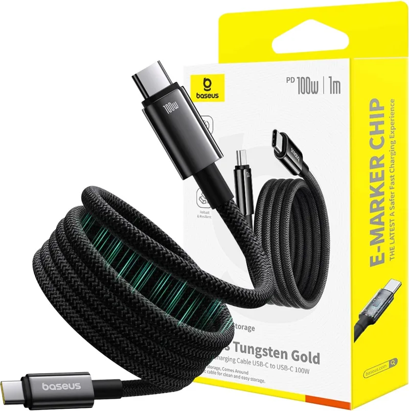 Tungsten Gold - USB-C naar USB-C Kabel - 100W Power Delivery - Magnetisch Anti-Klit Ontwerp - 1 Meter van Baseus in Zwart – productfoto