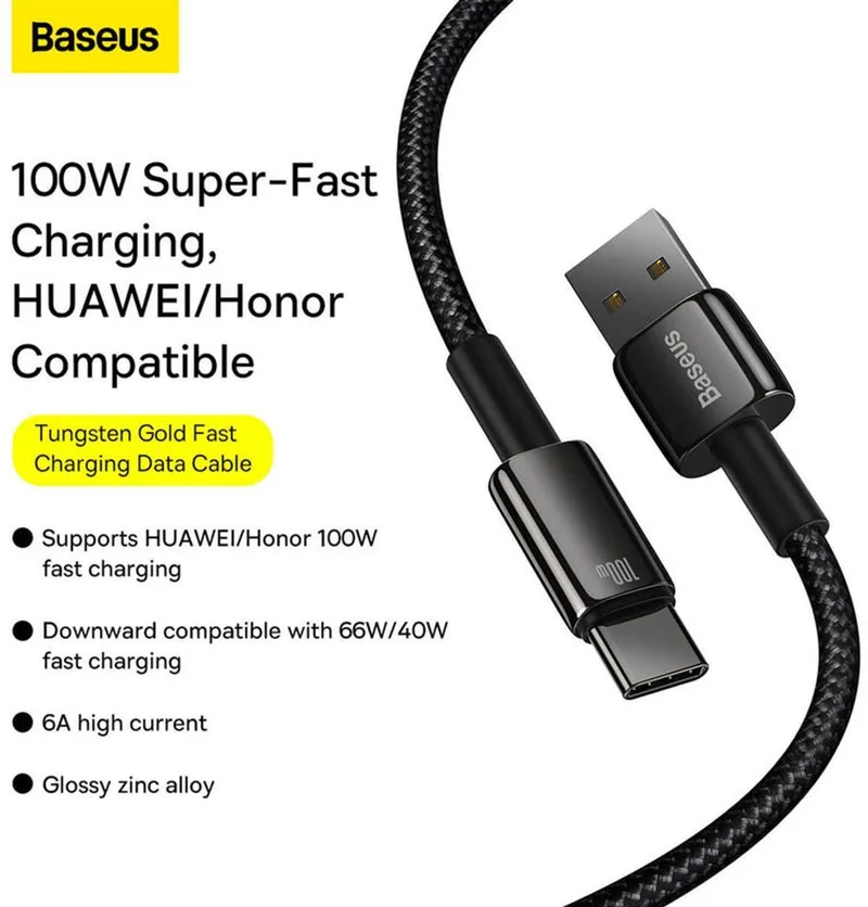 Tungsten Gouden USB-A Naar USB-C Snellaad Kabel - 100W - 2 Meter Kabel by Baseus in Black – product photo