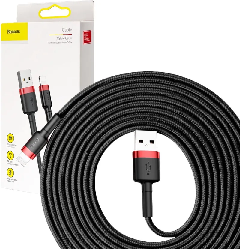Universele USB naar Lightning kabel - Geschikt voor o.a. Apple/iPhone en andere apparaten - 3 Meter - 2.5A - Zwart/Rood by Baseus in Black – product photo