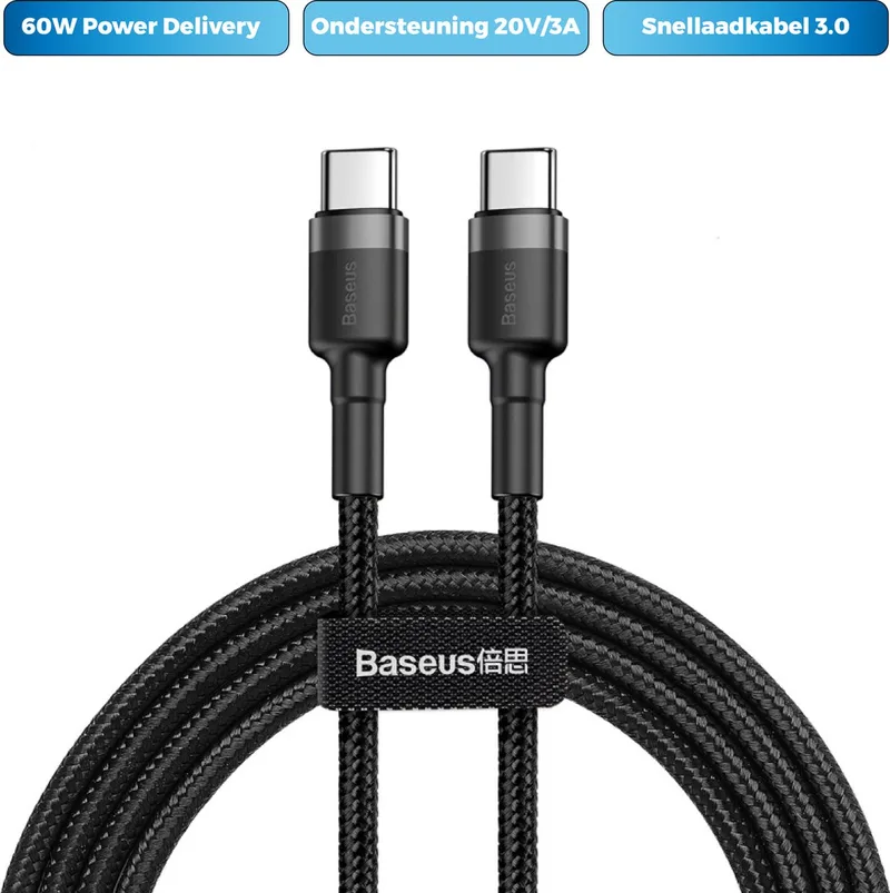 USB-C naar USB-C kabel Baseus Cafule - 1 meter zwart grijs - 3A - 60W - PD2.0 Power Delivery - QC3.0 Quick Charge - gevlochten textuur by Baseus in 60W Grijs Zwart – product photo