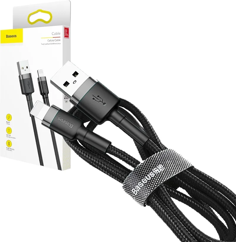 USB naar Lightning Kabel 0,5M - Geweven Nylon - Grijs fra Baseus i Grå, Sort – produktbillede