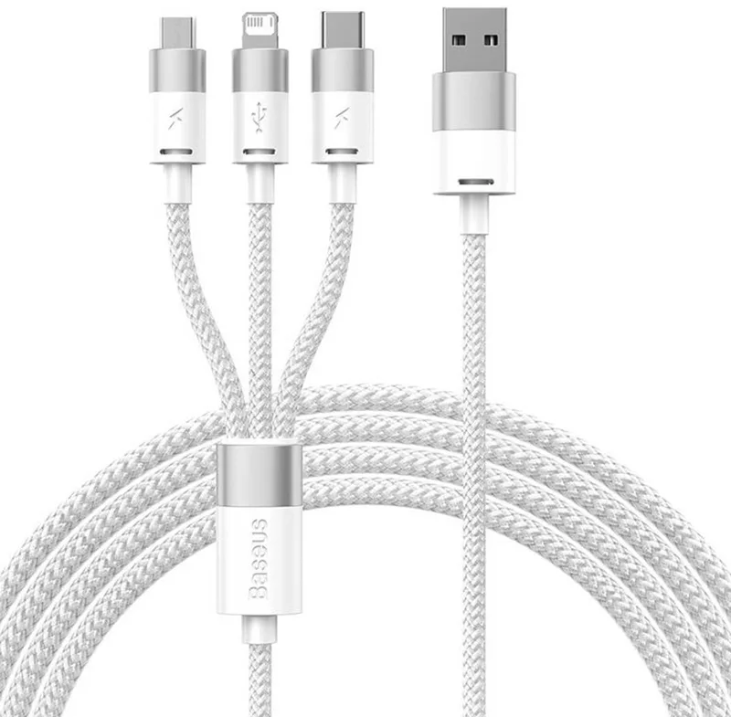 USB naar Lightning/USB-C/Micro USB Kabel 3.5A 1.2M van Baseus in Wit – productfoto
