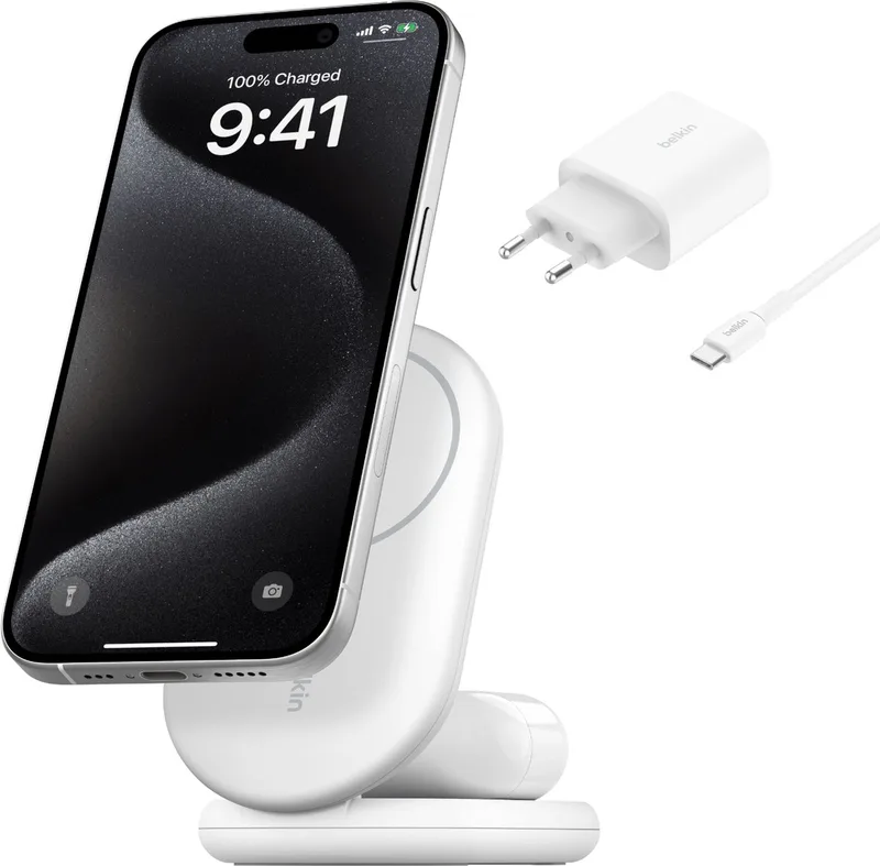 Belkin 2-in-1 Inklapbare Draadloze Lader Qi2 15W - Magsafe Compatibel från Belkin i Vit – produktbild