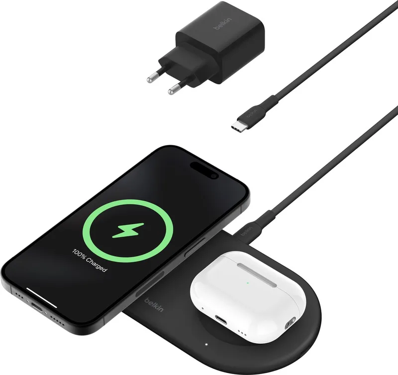 Belkin 2-in-1 Magnetic Wireless Charging Pad met Qi2 15W – Inclusief 30W lader - Magsafe compatibel fra Belkin i Sort – produktbillede